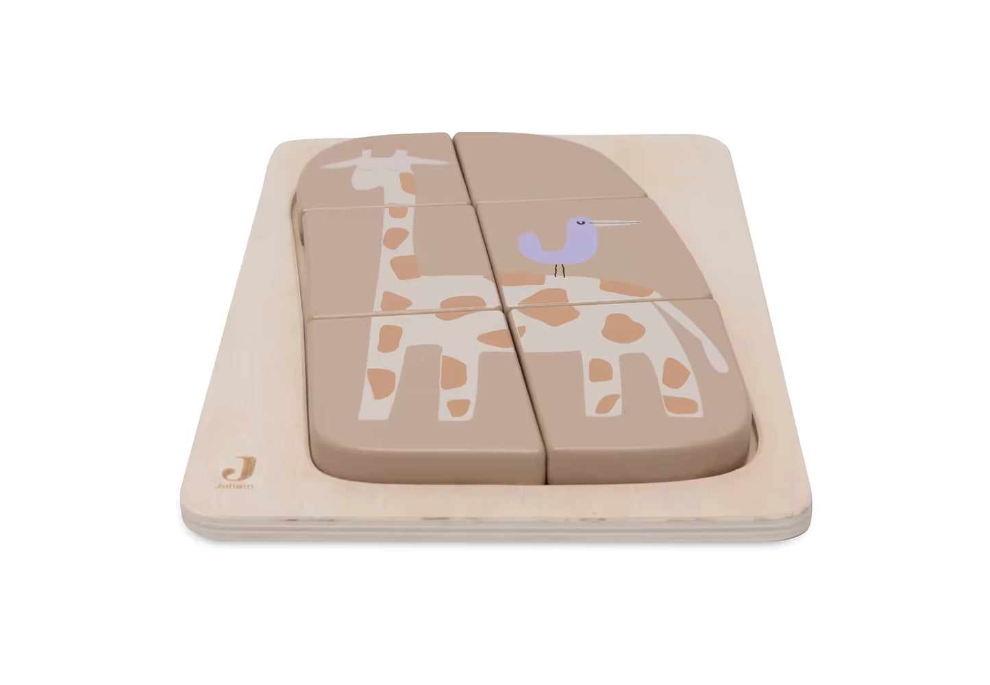 Jollein Houten puzzel met giraffe en vogel, bovenaanzicht van houten speelgoed voor peuters en montessori leren.