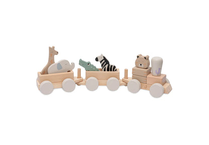 Complete houten speelgoed trein van Jollein met jungle dieren zoals giraffe, krokodil en zebra, baby cadeau in hout.