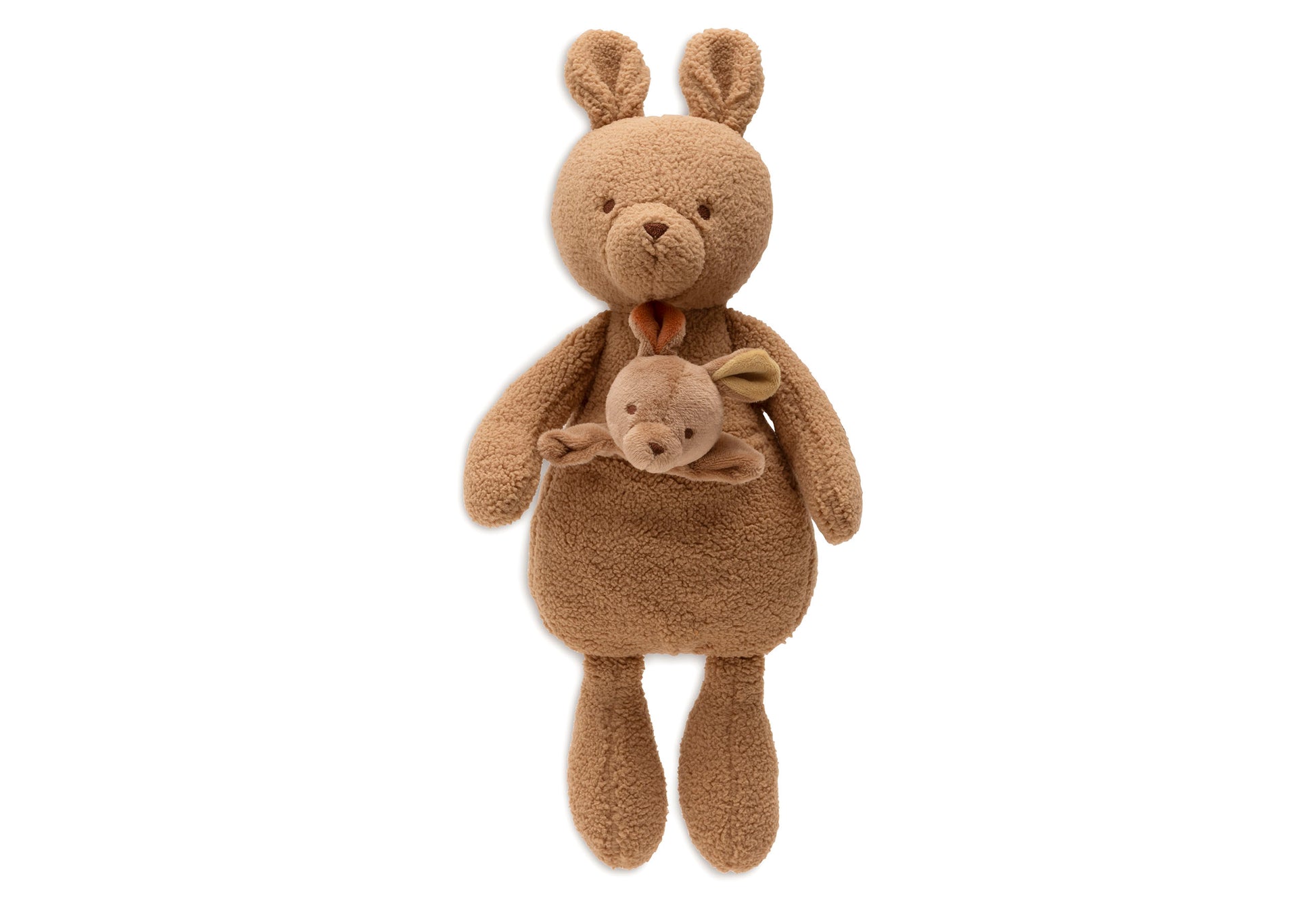 Jollein Knuffel Kangaroots voorkant met kleine joey in buidel, zachte teddy kangoeroe knuffel baby