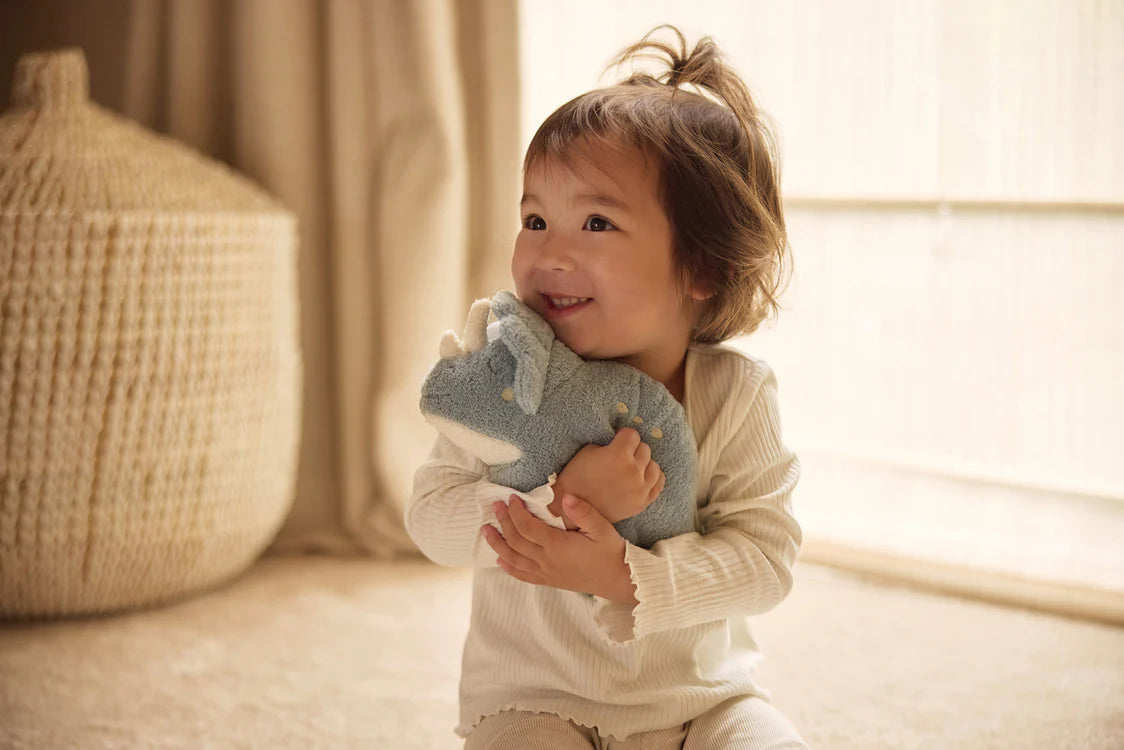 Kind knuffelt blauwe Jollein Knuffel Roarsome dinosaurus, lief kraamcadeau of speelgoed voor baby’s.