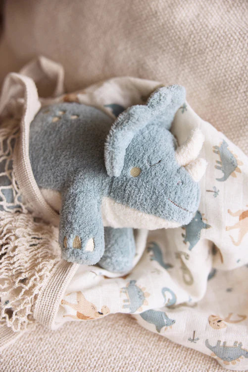 Blauwe Jollein Knuffel Roarsome dinosaurus op deken met dino-print, zacht en schattig kraamcadeau.