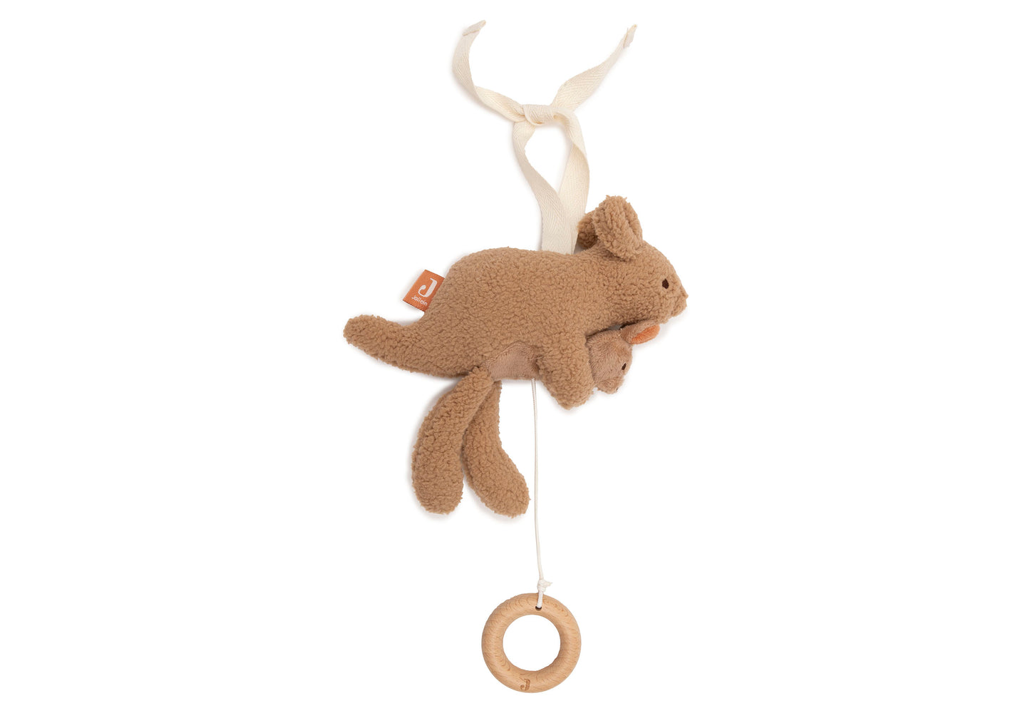 Jollein Muziekdoosje Kangaroots muziekhanger baby met kangoeroe en houten ring, sensorisch speelgoed
