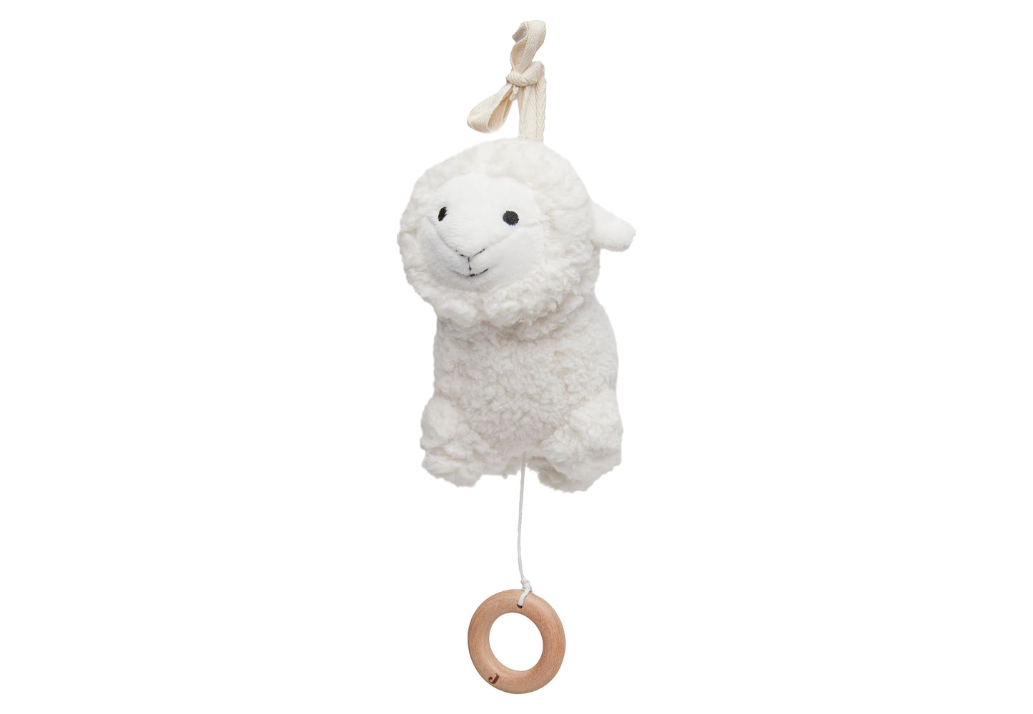 Jollein Muziekdoosje Lamb wit pluche lammetje met houten ring, perfecte muziekhanger als kraamcadeau