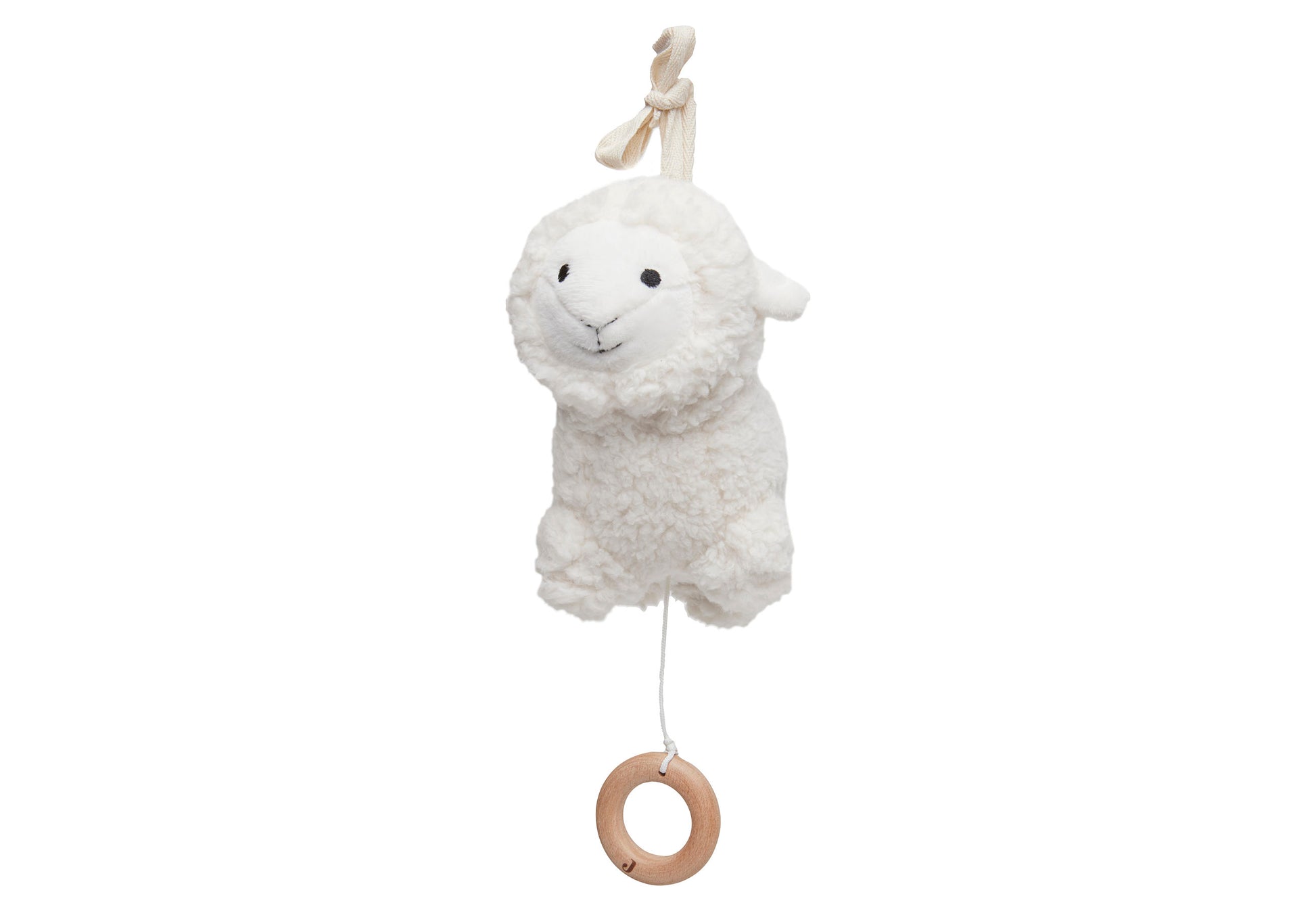 Jollein Muziekdoosje Lamb wit pluche lammetje met houten ring, perfecte muziekhanger als kraamcadeau