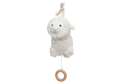 Jollein Muziekdoosje Lamb wit pluche lammetje met houten ring, perfecte muziekhanger als kraamcadeau