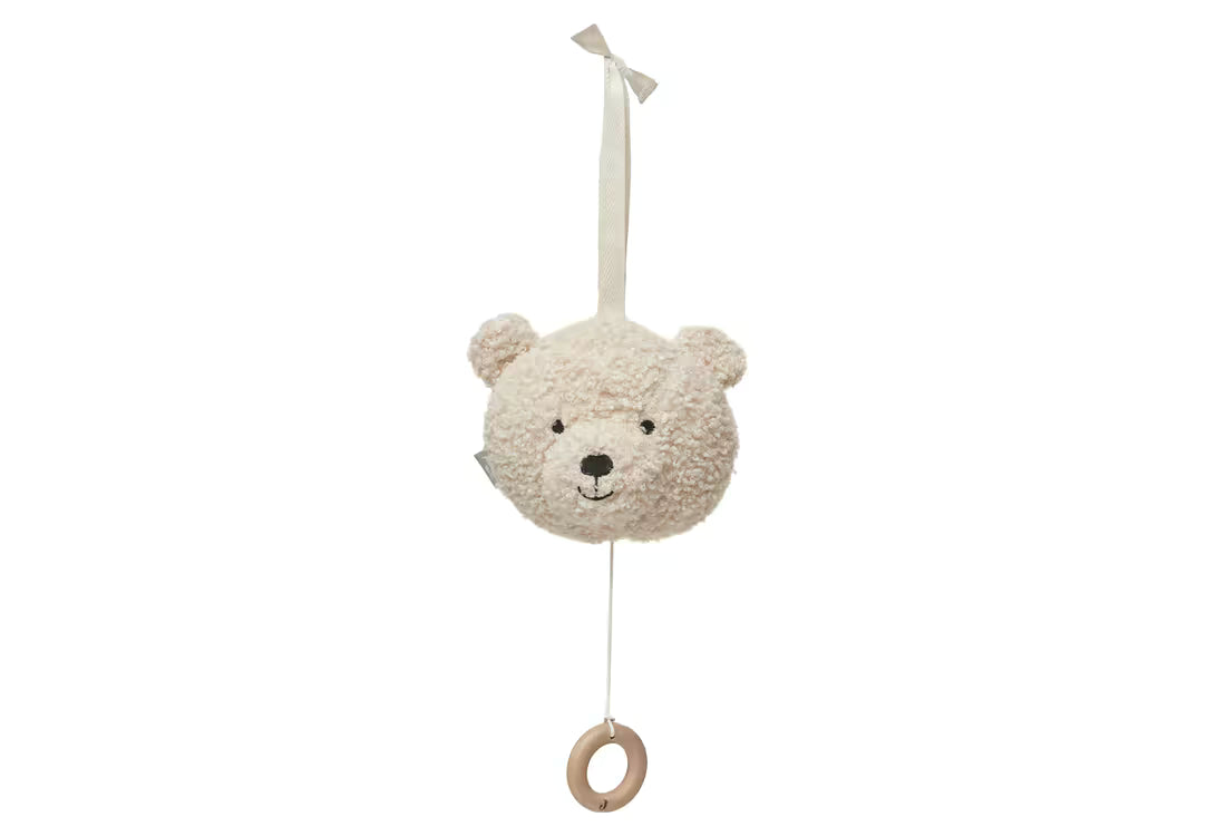 Jollein muziekdoosje Teddy bear in naturel als muziek hanger met houten ring, schattig en praktisch baby cadeau.
