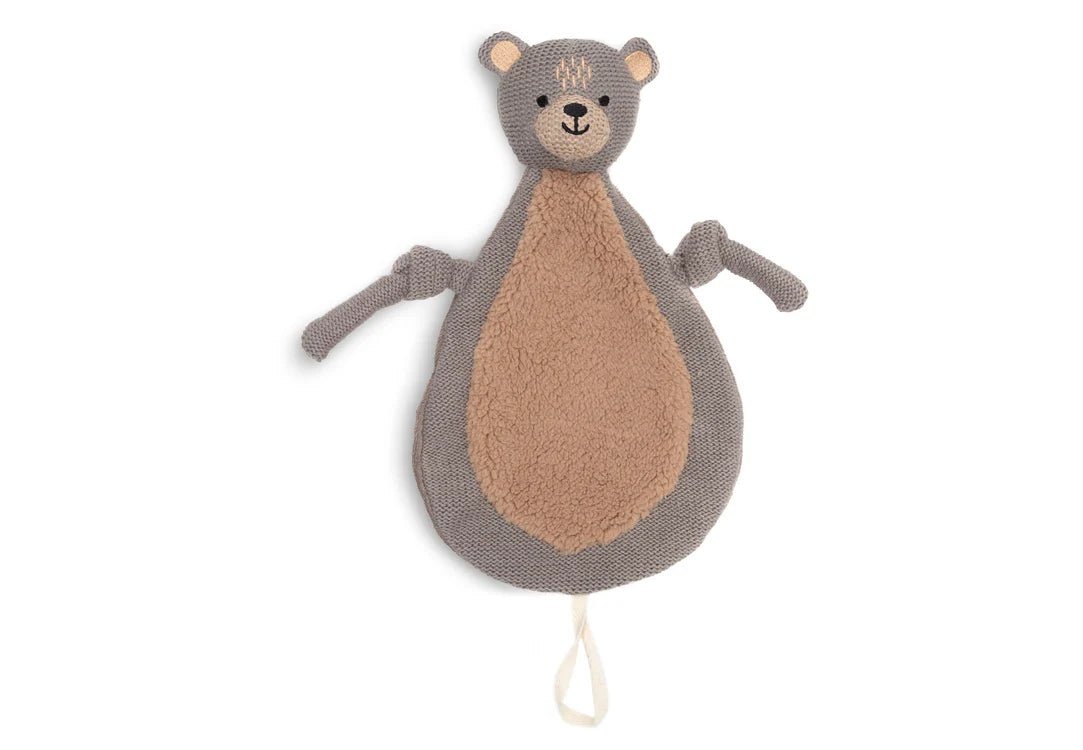Voorkant van Jollein Speendoekje Bear in bruin en grijs, een zachte speenknuffel ideaal als baby cadeau.