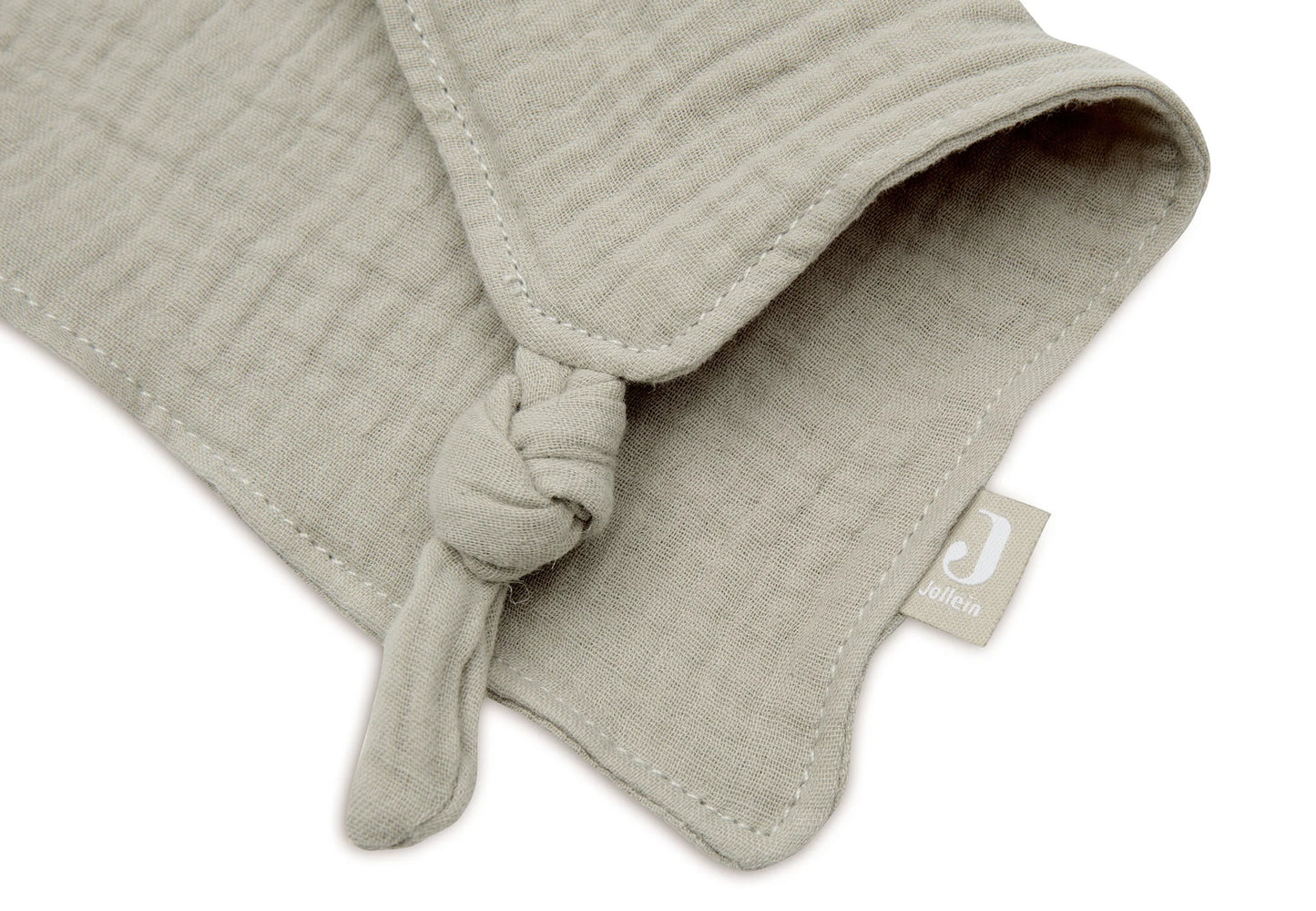 Close-up Jollein knuffeldoekje Speendoekje Bunny Ears Olive Green, met merklabel, ideaal als baby cadeau.