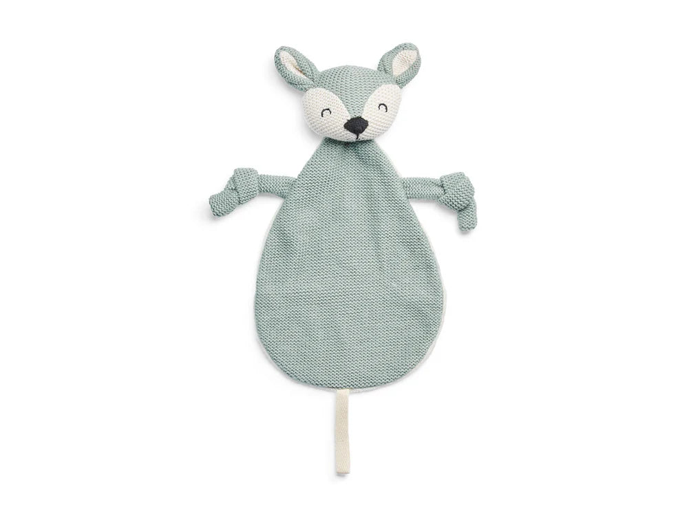 Zacht Jollein speendoekje deer in Ash Green met gebreide voorkant, ideaal als knuffeldoekje of kraamcadeau.