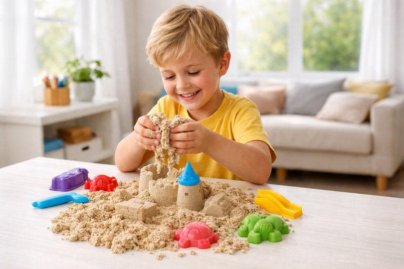 lachend kind speelt met kinetisch zand aan tafel in de woonkamer van het merk Kinetic Sand