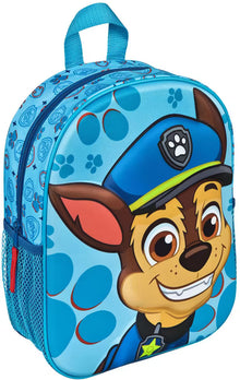 Kinder rugzak met 3D PAW Patrol Chase afbeelding, blauw design, praktische zijvakken, geschikt voor kinderen.