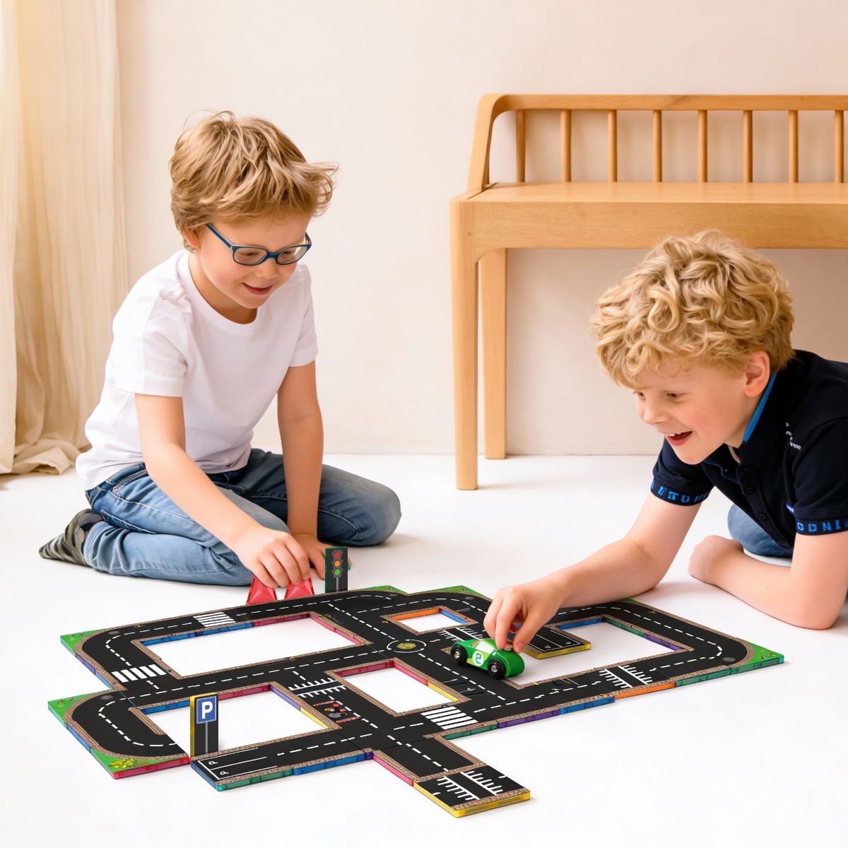 Twee kinderen spelen met Coblo magneet speelgoed wegtegels en autootjes op de vloer