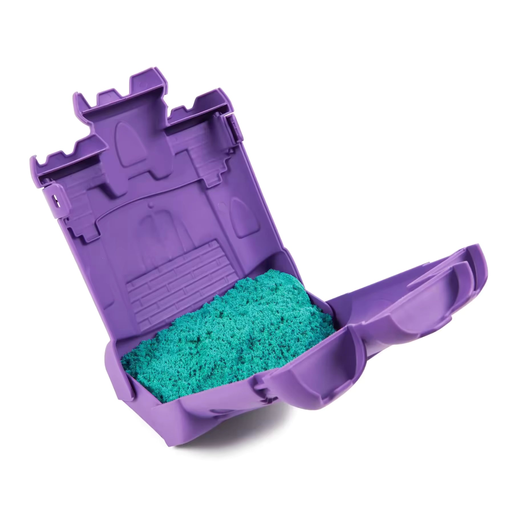 Open Kinetic Sand Castle Case met turquoise kinetisch zand erin, ideaal voor zandkasteel creaties.