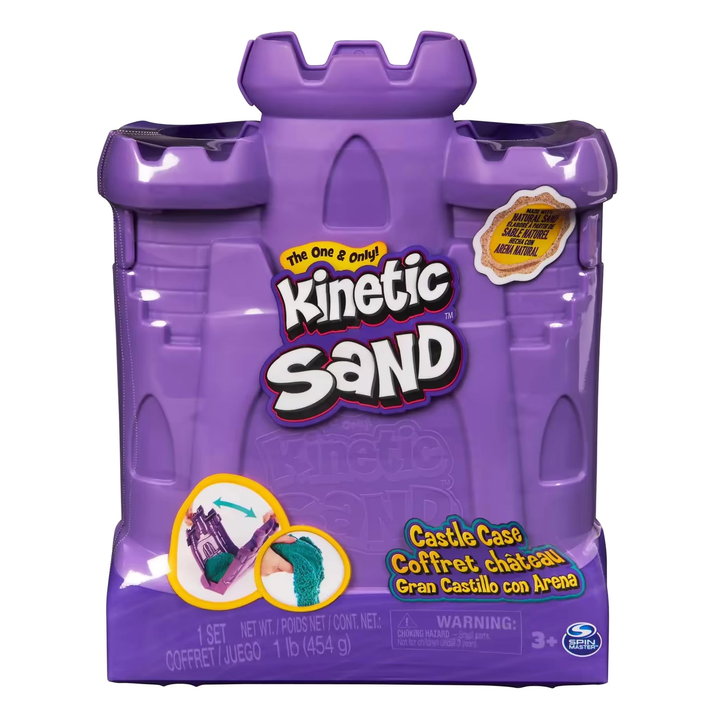 Voorkant verpakking van Kinetic Sand Castle Case in paars kasteelontwerp met turquoise kinetisch zand.