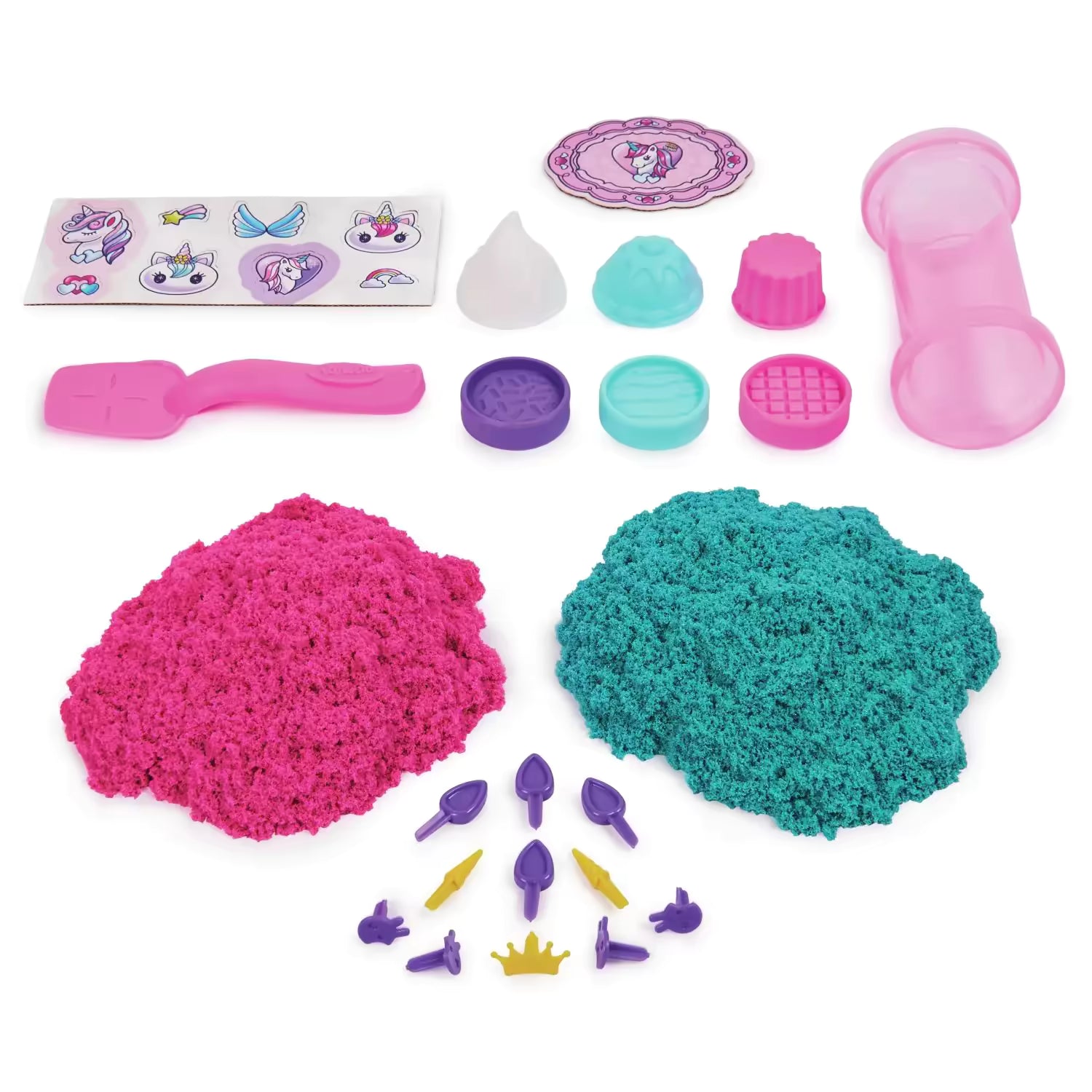 Overzicht van Kinetic Sand Unicorn Bake Shoppe inhoud, inclusief vormen, zand, decoraties en kindvriendelijke tools.