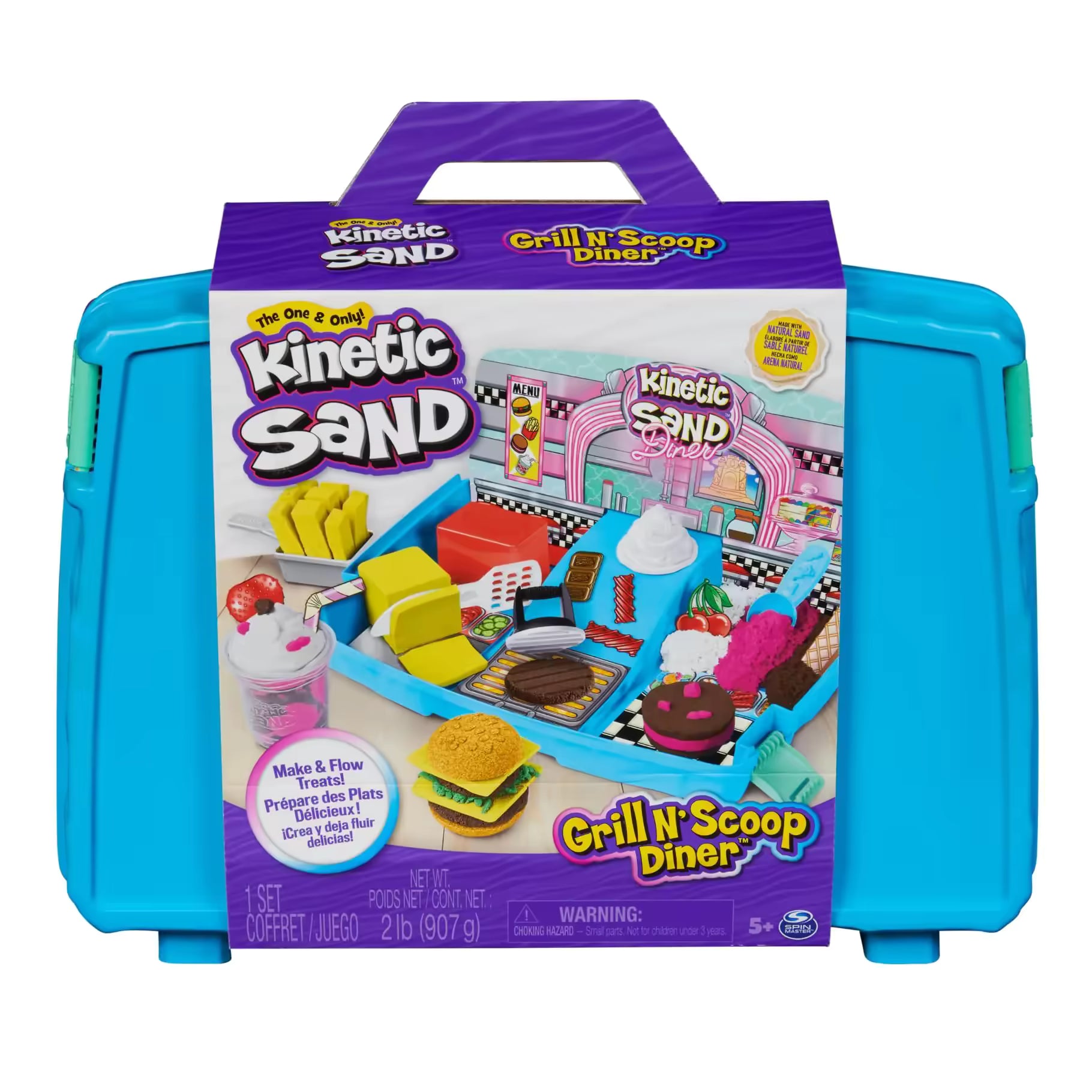 Kinetic Sand Grill ’n Scoop snackbar speelset in blauwe koffer vooraanzicht, veilig en creatief speelgoed voor kinderen.