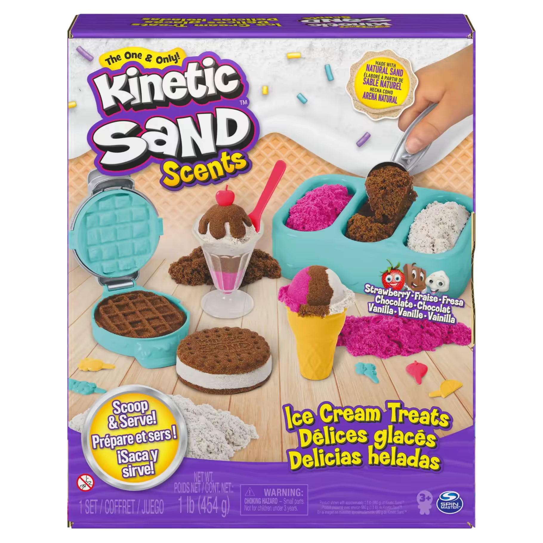 Voorkant verpakking van Kinetic Sand Ice Cream Treats met gekleurd scented sand, creatief en kindvriendelijk speelgoed.