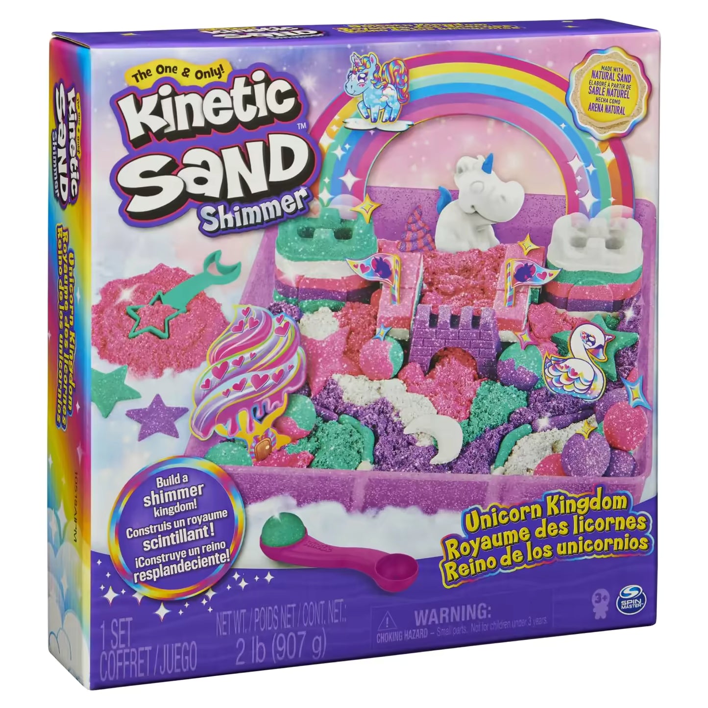 Kinetic Sand Shimmer Unicorn Kingdom set met glitterzand en figuren, perfect creatief speelgoed voor kinderen.