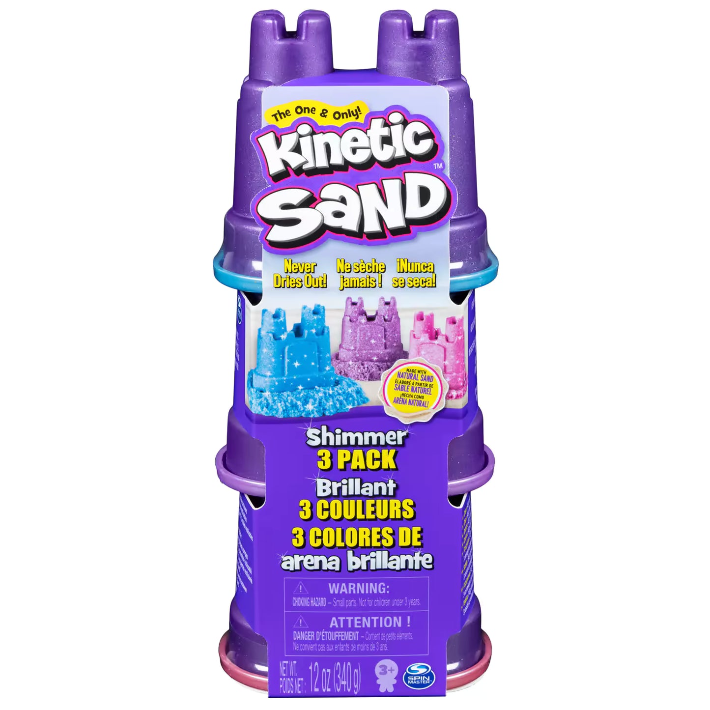 Voorkant van Kinetic Sand Shimmers 3 pack, kleurrijk kindvriendelijk sensorisch speelgoed in paarse kasteelvormverpakking.