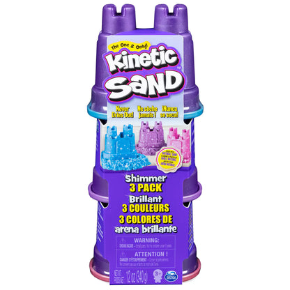 Voorkant van Kinetic Sand Shimmers 3 pack, kleurrijk kindvriendelijk sensorisch speelgoed in paarse kasteelvormverpakking.