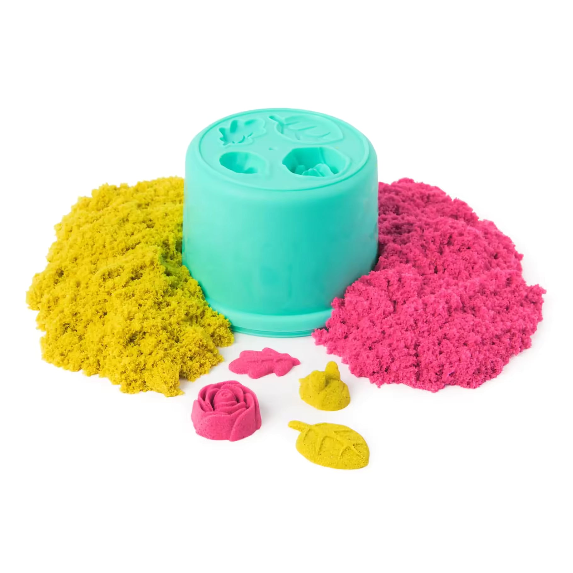 Gevuld opbergvak met roze en geel kinetisch zand en paarse bloemvorm, onderdeel van Squish Blossom speelset voor kinderen.