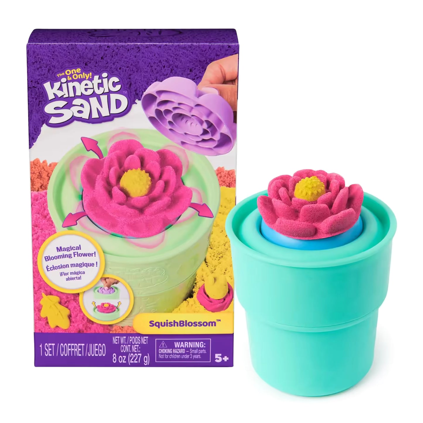 Schuine aanzicht van Kinetic Sand Squish Blossom verpakking met kleurrijk zand en bloemvormige mal.