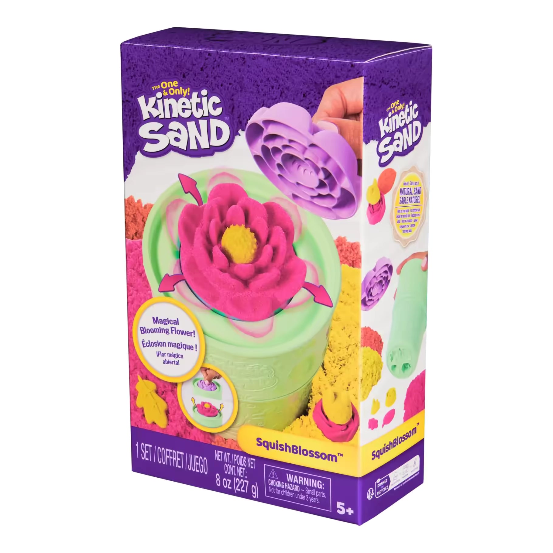 Voorkant verpakking van Kinetic Sand Squish Blossom met roze en gele bloemvorm, creatief en veilig sensorisch speelgoed.