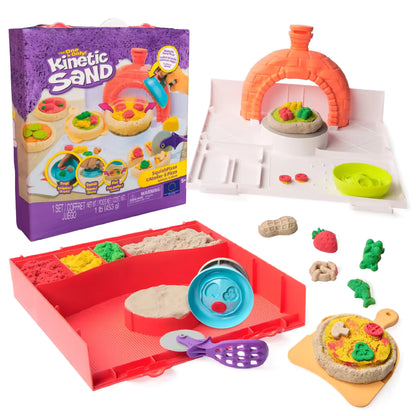 Complete Kinetic Sand Squishpizza set met doos, kleurrijk sensorisch speelgoed voor kinderen vanaf vijf jaar.