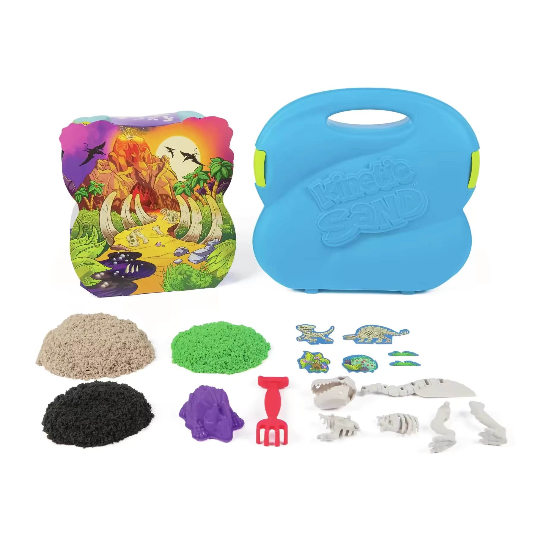 Inhoud van de Kinetic Sand set: drie kleuren kinetisch zand, een dino-skelet, accessoires en de Trex Dino Case koffer.