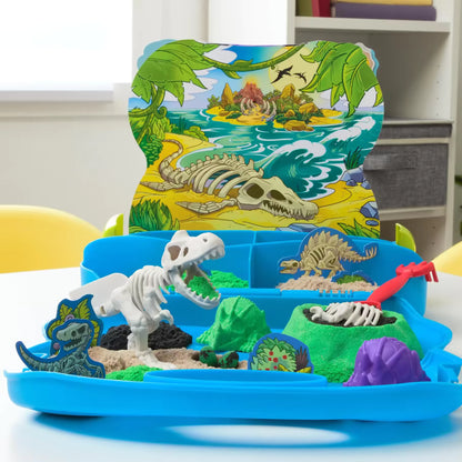 Een complete Kinetic Sand Trex Dino Case set met een dinosaurus en landschap, perfect voor creatief en sensorisch speelgoed.