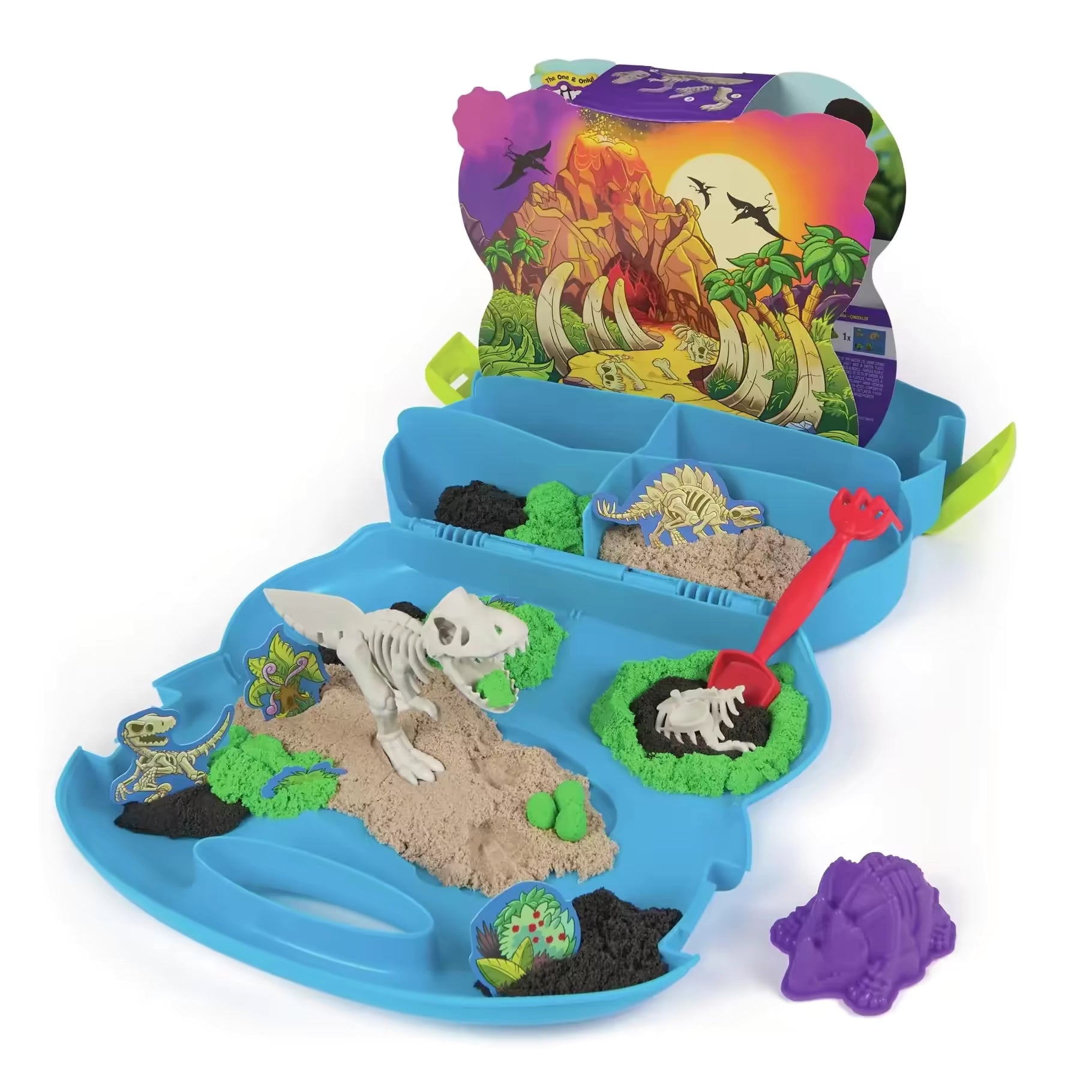 Een uitgeklapte Kinetic Sand Trex Dino Case speelset met kinetisch zand, dino's en achtergrondkaart, perfect voor creatief speelgoed voor kinderen.
