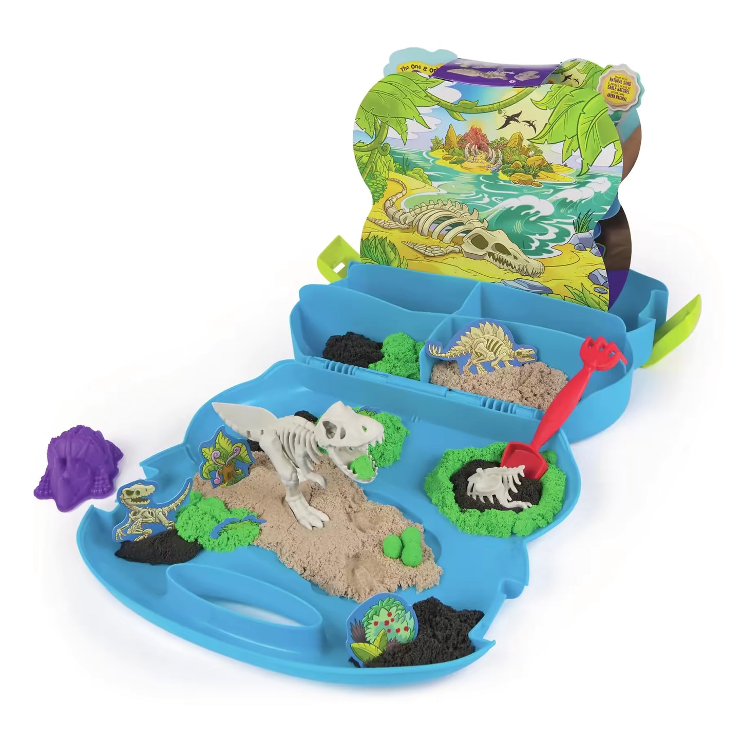 Uitgeklapte Kinetic Sand speelset met dino-skeletten en zand, ideaal voor fantasierijk sensorisch speelgoed in een prehistorisch landschap.