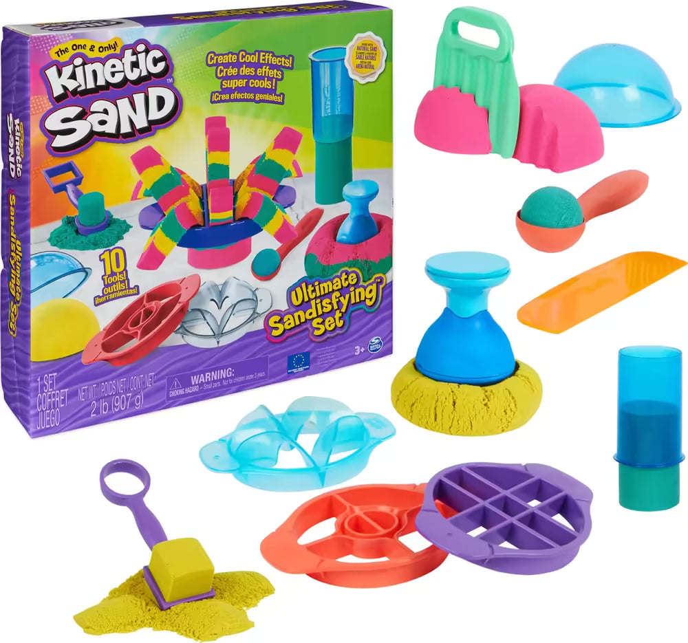 Voorkant Kinetic Sand Ultimate Sandisfying Set: Kinetisch zand, 10 tools en mallen, sensorisch speelgoed voor kinderen.