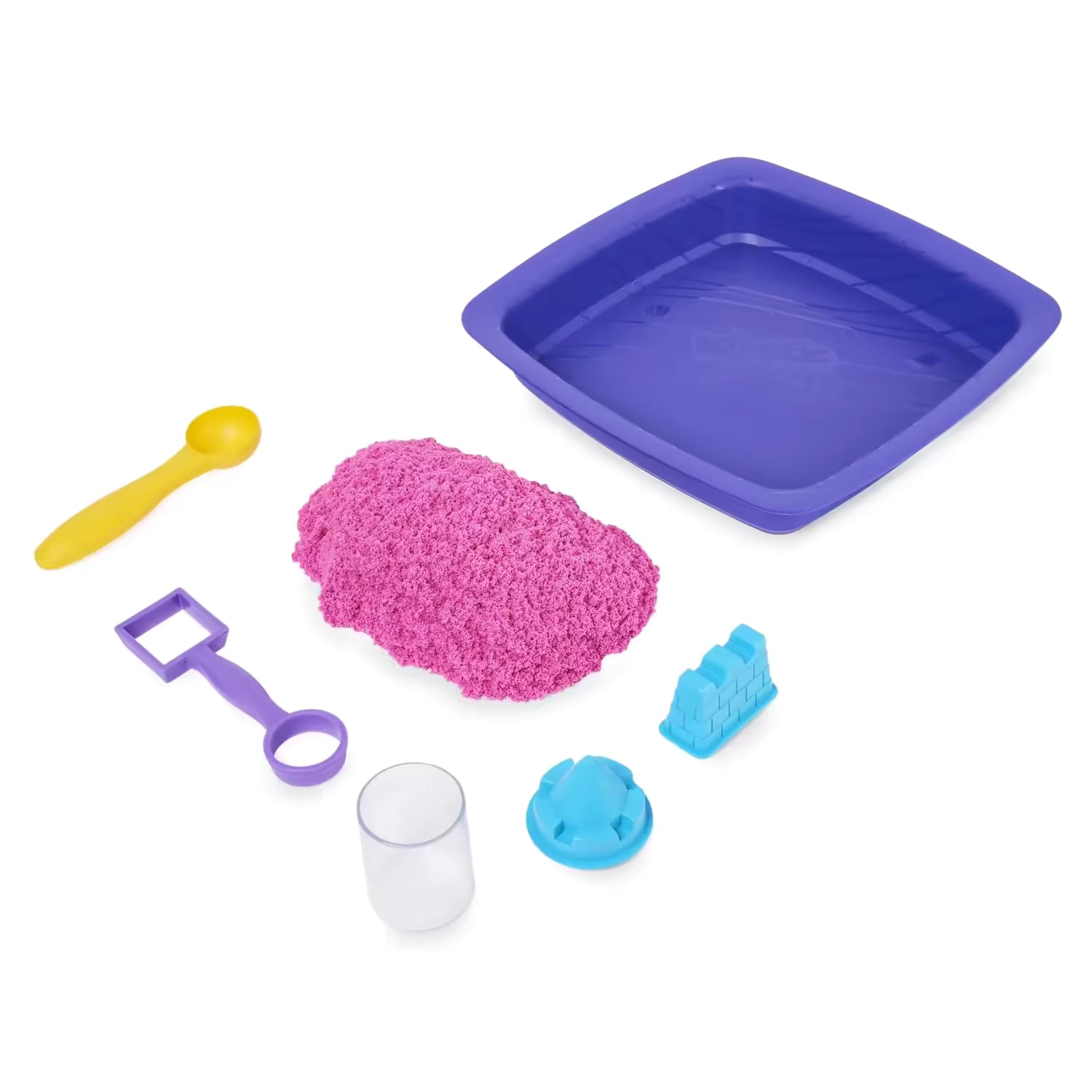 Kinetic Sand speelset met roze zandkasteel, schep en mallen, ideaal educatief speelgoed voor peuters.