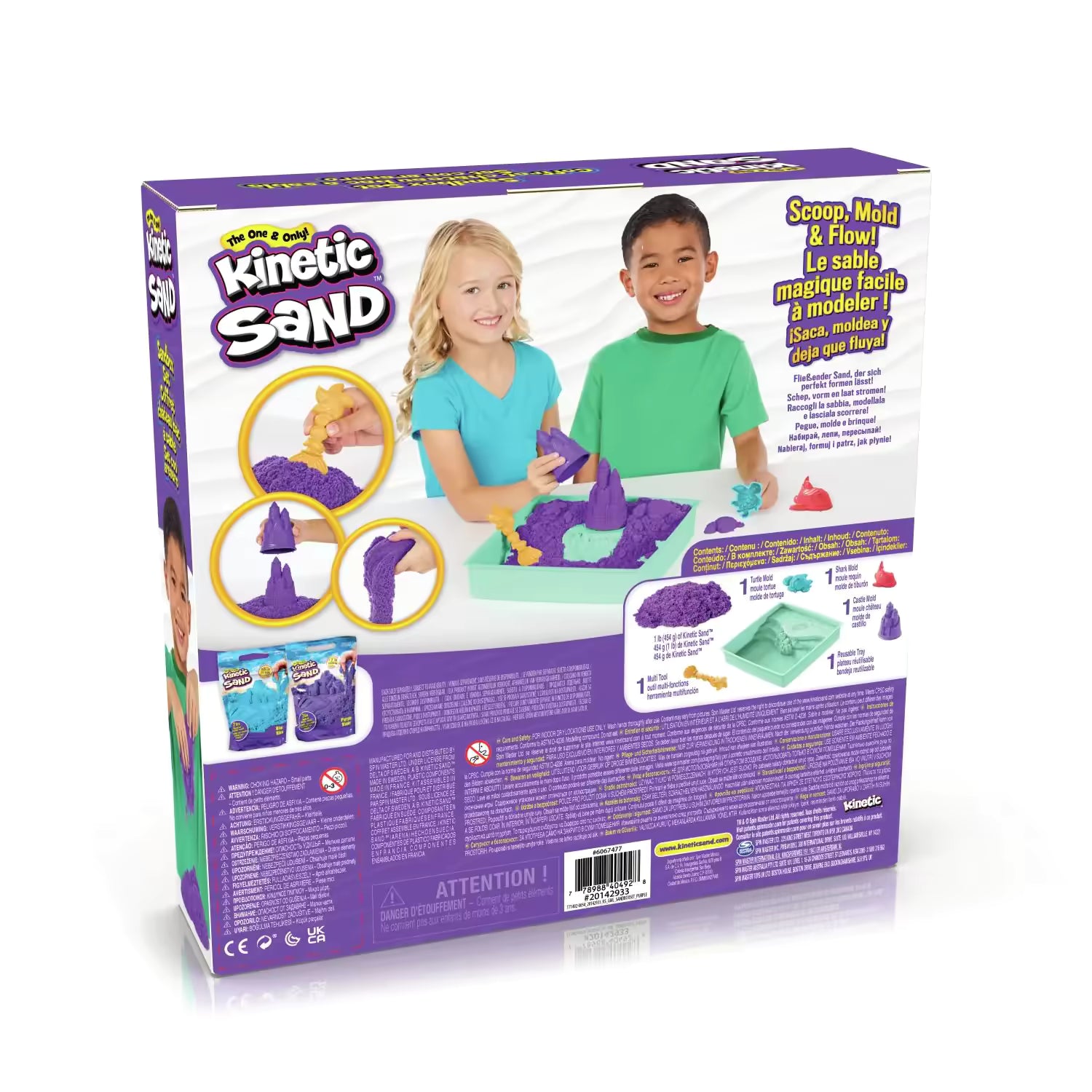 Achterzijde doos van Sandbox set Purple met spelvoorbeelden en instructies, leuk educatief speelgoed voor kinderen.