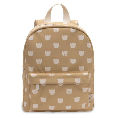 Kleine rugzak Jollein voorkant met teddybeer print, logo patch en beige crèmekleurig design