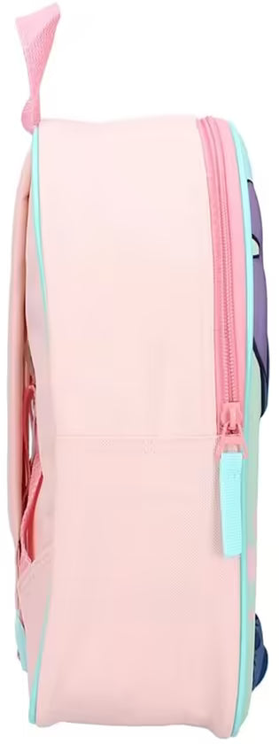 Zijkant van kleine rugzak kind in lichtroze met turquoise rits, stevig materiaal en compact voor dagelijks gebruik.
