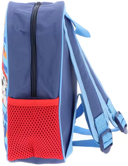 Zijaanzicht van kleine rugzak PAW Patrol met rode mesh zijvak en stevige rits, praktische kinderrugzak voor dagelijks gebruik.