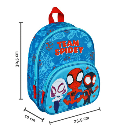 Kleine rugzak met afmetingen 30,5 x 25,5 x 10 cm, blauwe Spidey rugzak peuter met Team Spidey print