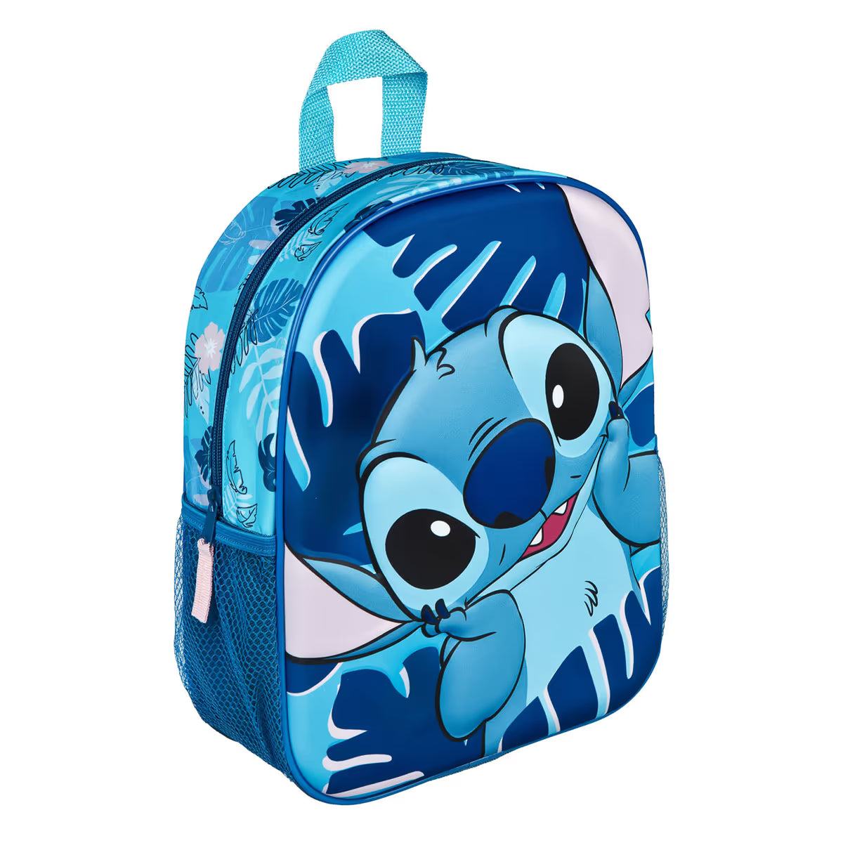 Kleine rugzak kinderen met vrolijk Stitch design, blauw met zijvak en geschikt voor school of uitstapjes.