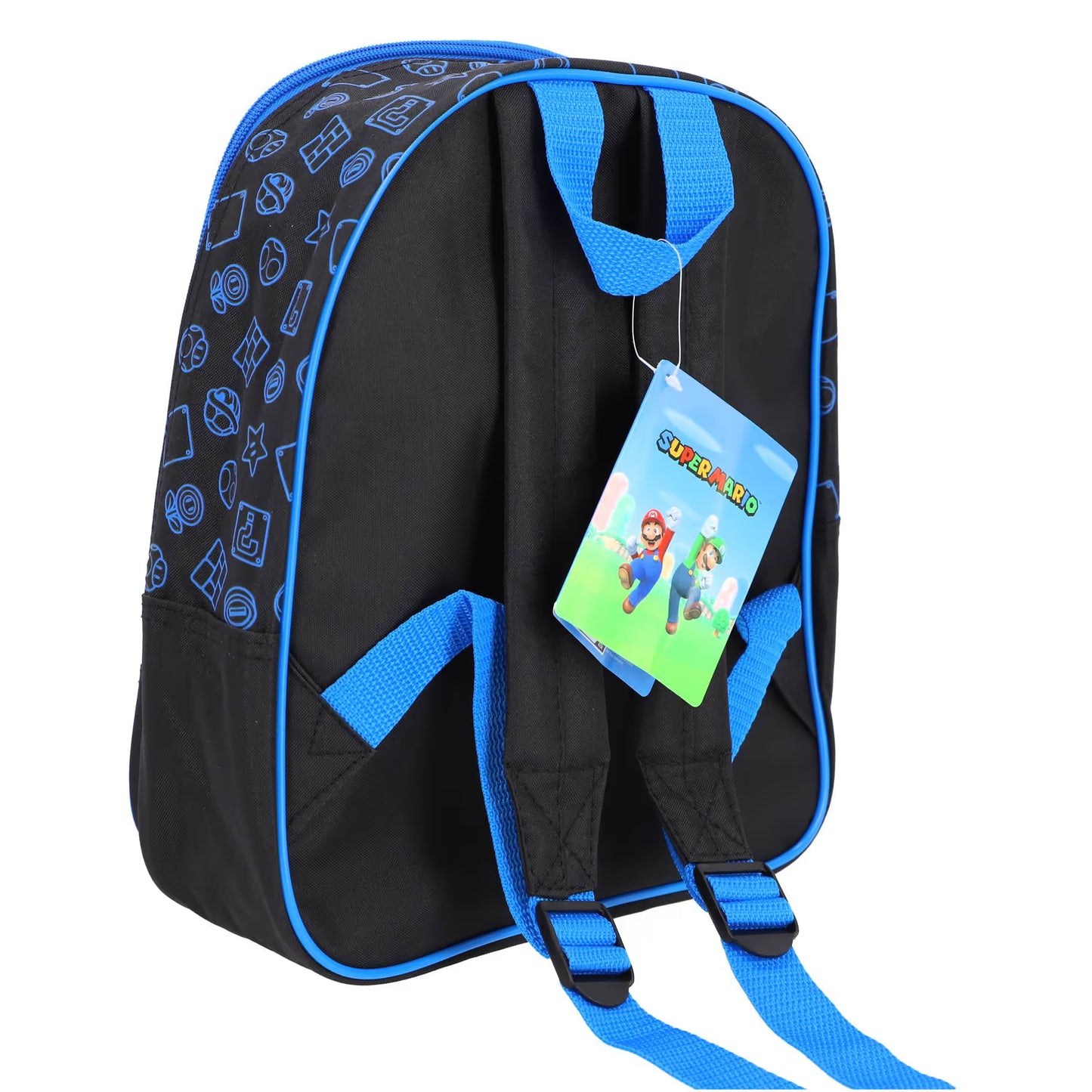Kleine rugzak kinderen in zwart en blauw met Super Mario label en verstelbare banden, praktische rugzak voor school.
