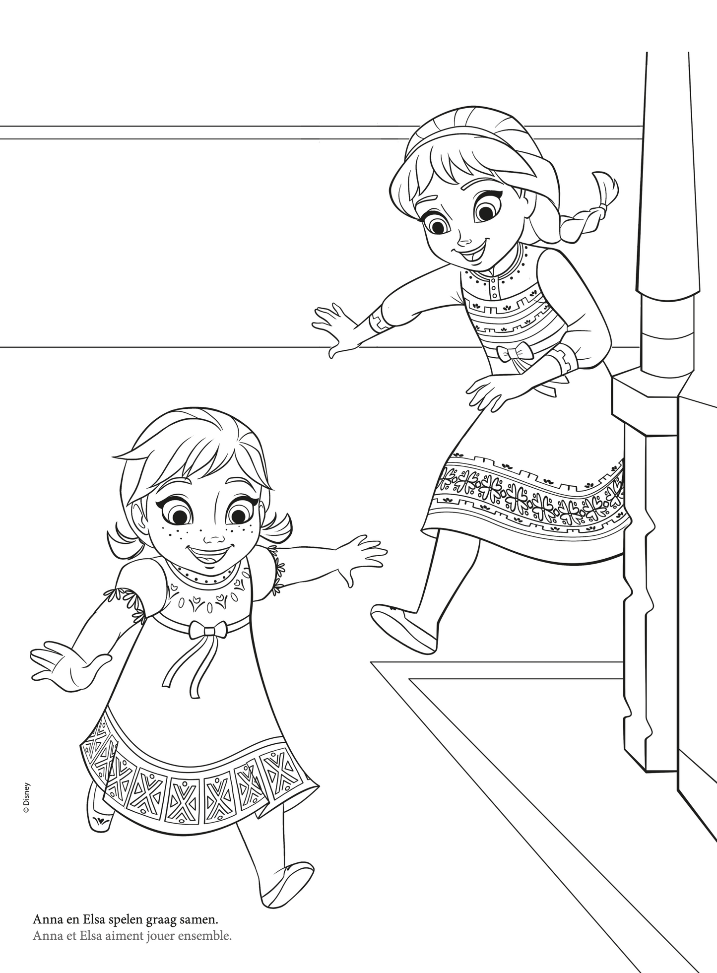Kleurplaat groep 3 met jonge Anna en Elsa op trap, uitscheurbare pagina uit Disney Frozen kleurboek