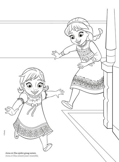 Kleurplaat groep 3 met jonge Anna en Elsa op trap, uitscheurbare pagina uit Disney Frozen kleurboek