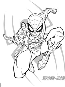 Spiderman kleurplaat in zwart-wit met klassieke Spiderman die een web afvuurt vanuit zittende actiepose.