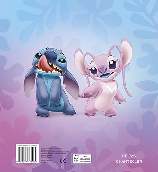Achterzijde van Deltas Disney Stitch kleurblok met schattige Stitch en Angel, ideaal voor peuters en kleuters.