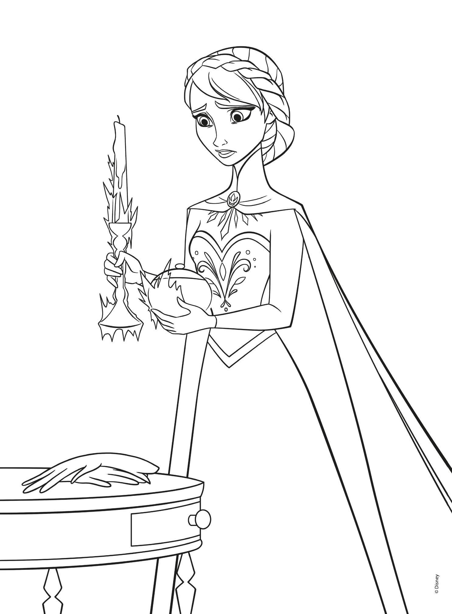 Kleurplaten Disney Frozen met koningin Elsa bij kandelaar, detailrijke tekening voor kinderen