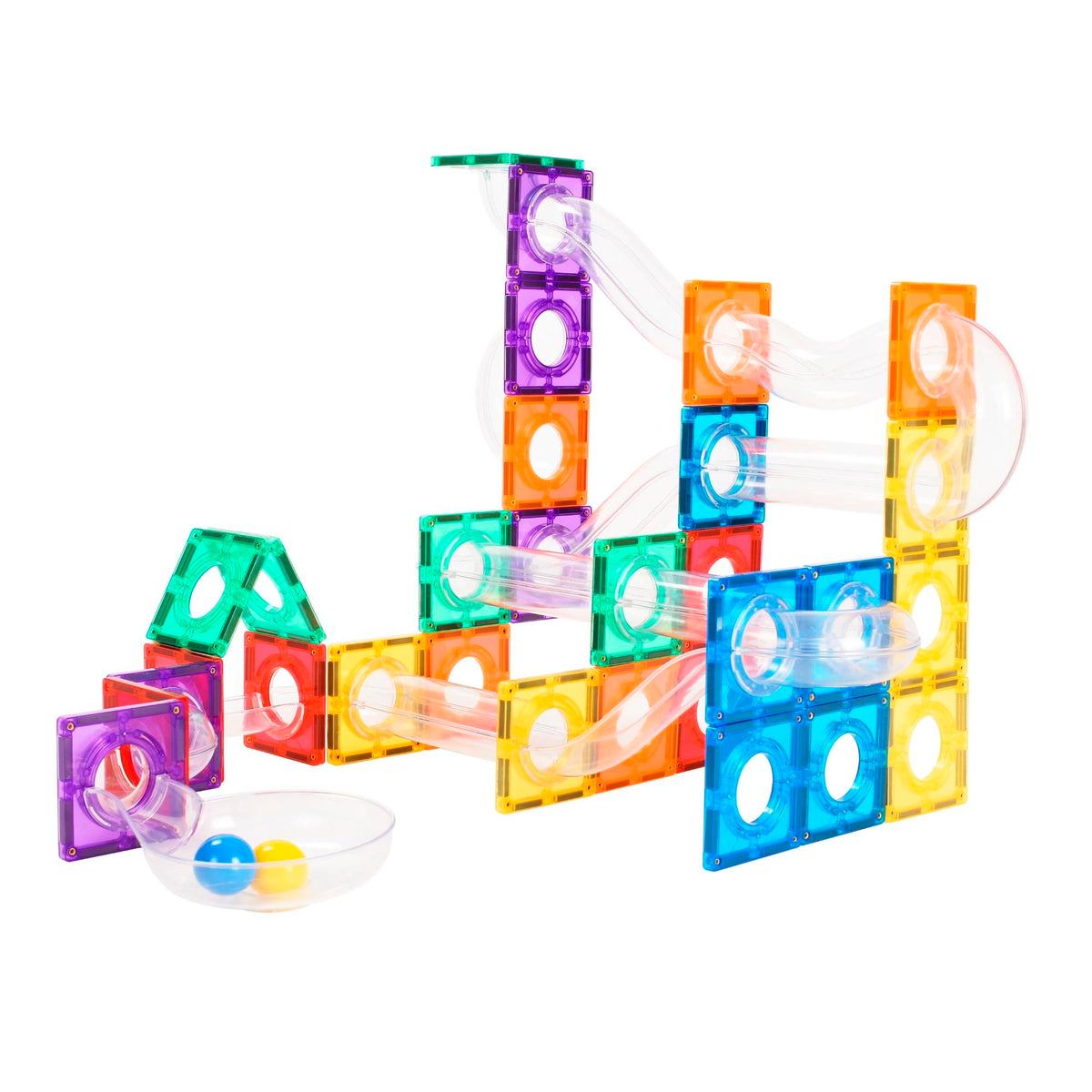 Knikkerbaan coblo creatieve constructie met meerdere niveaus, transparante glijbanen en kleurrijke magnetische tegels