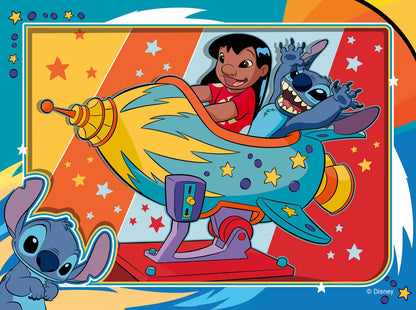 Lilo en Stitch in vrolijk ruimteschip met sterrendecor, kleurrijke achtergrond, Ravensburger puzzle Stitch.
