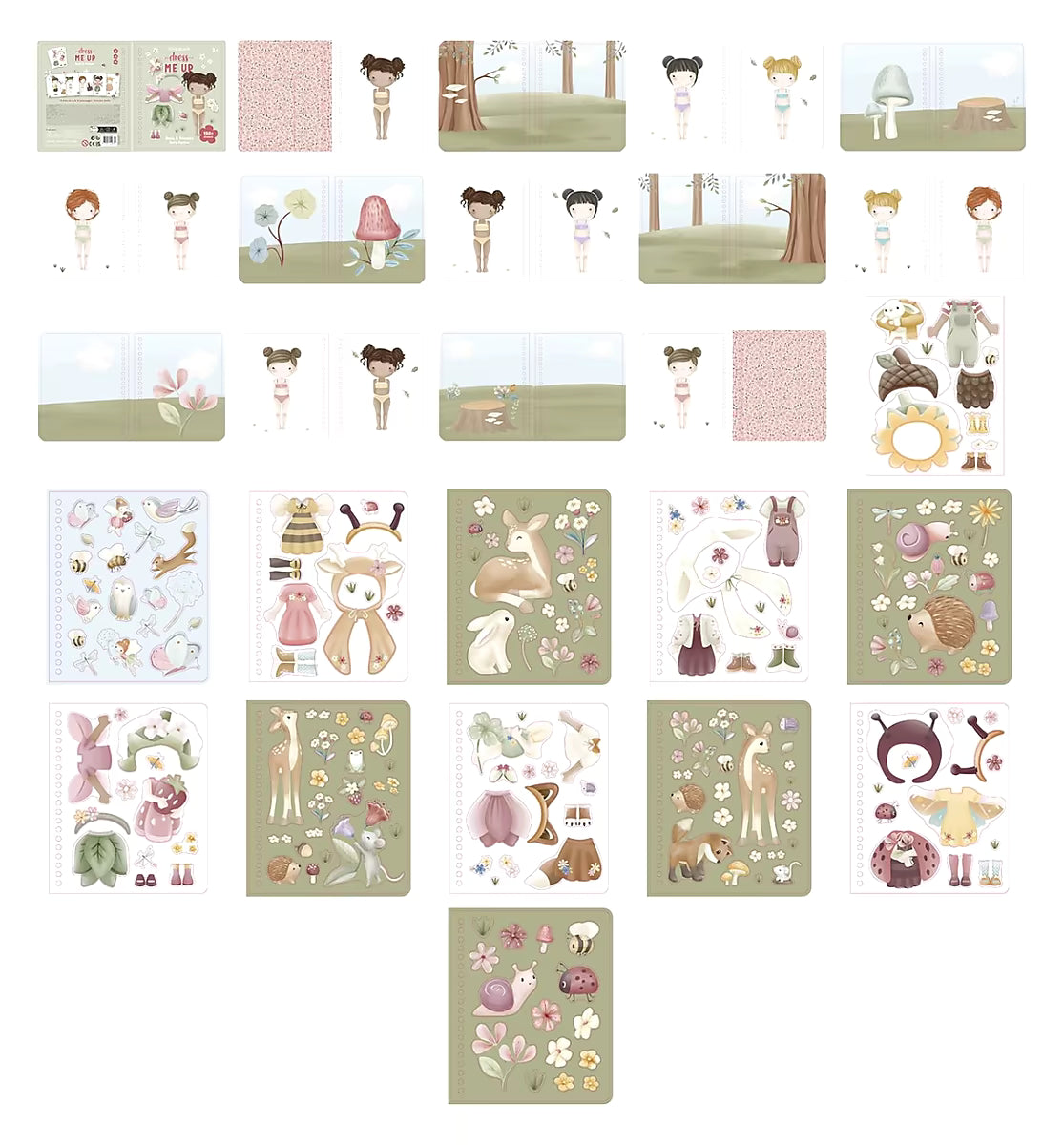 Overzichtspagina van Little Dutch aankleedboek Fairy Garden met Rosa & Friends, inclusief decoratieve stickers voor peuterboeken.