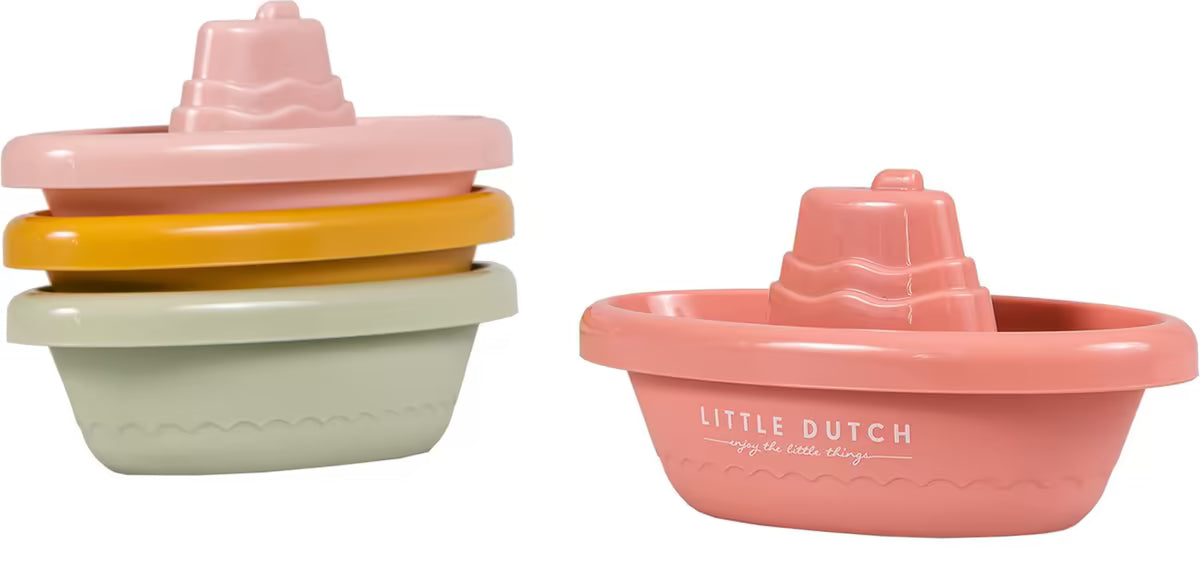 Little Dutch Bad Bootjes Roze, groen en geel als stapelbaar badspeelgoed, geschikt voor peuters.